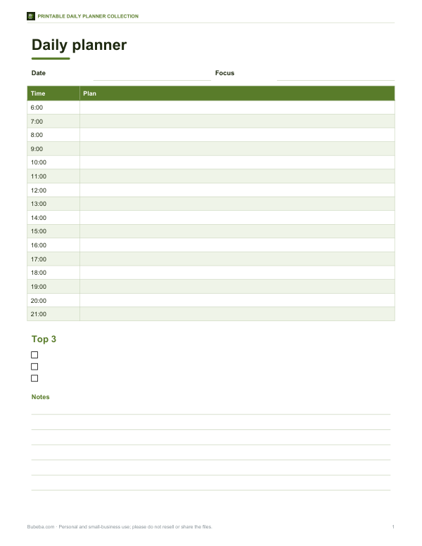 Preview of Printable Hourly Daily Planner