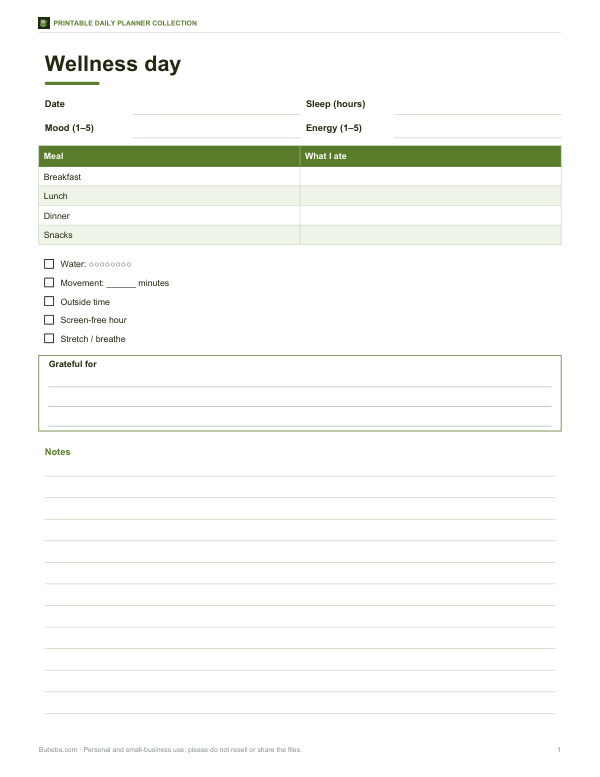 Preview of Printable Wellness Daily Planner Page